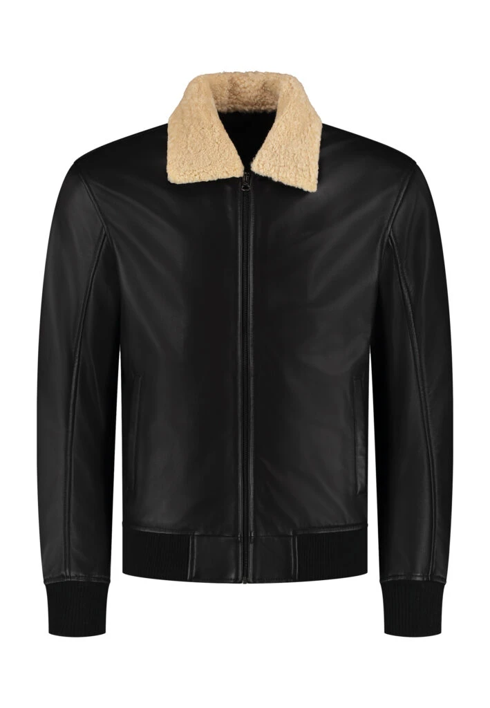 The Commendent – Men's Black Leather Aviator Jacket with Removable Collar